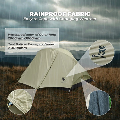 Tent with rainproof fabric features on a rainy day background