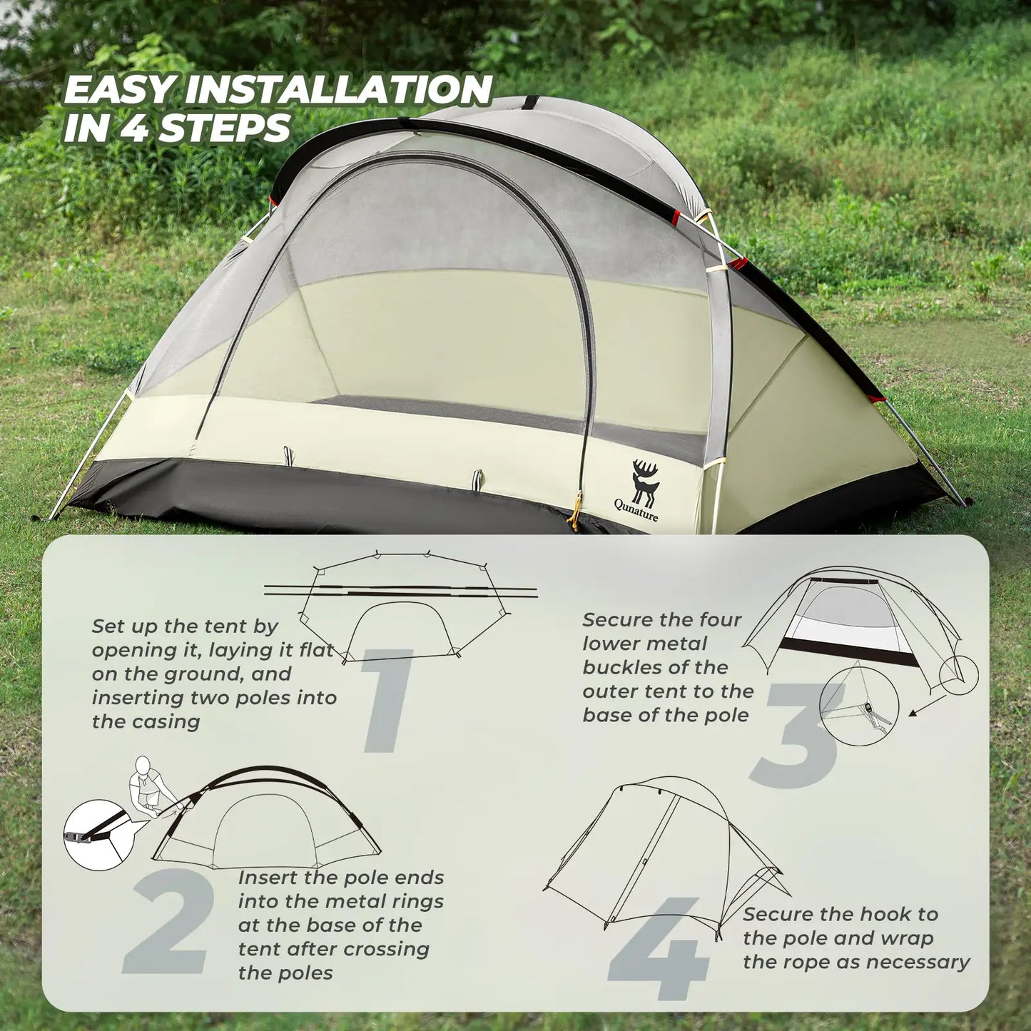 Camping tent with step-by-step installation guide on a grassy background