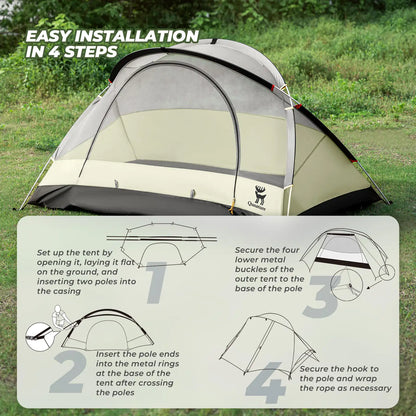 Camping tent with step-by-step installation guide on a grassy background