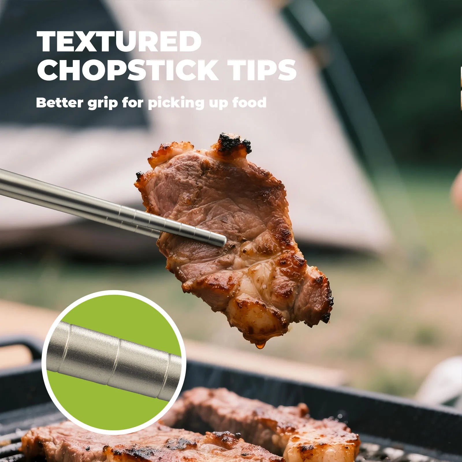 Chopsticks picking up a piece of grilled meat with a close-up of textured chopstick tips and text 'Textured Chopstick Tips' and 'Better grip for picking up food'.