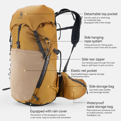 The various parts of a lightweight waterproof hiking backpack