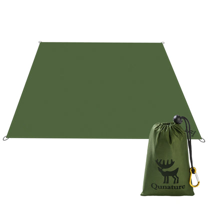Green camping tarp with a carrying bag featuring a brand logo on a white background