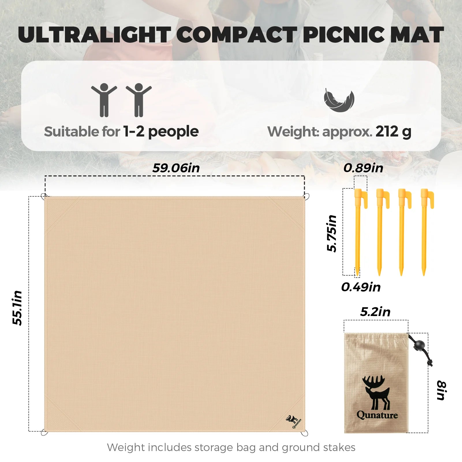 Ultralight compact picnic mat with dimensions, weight, and features displayed.