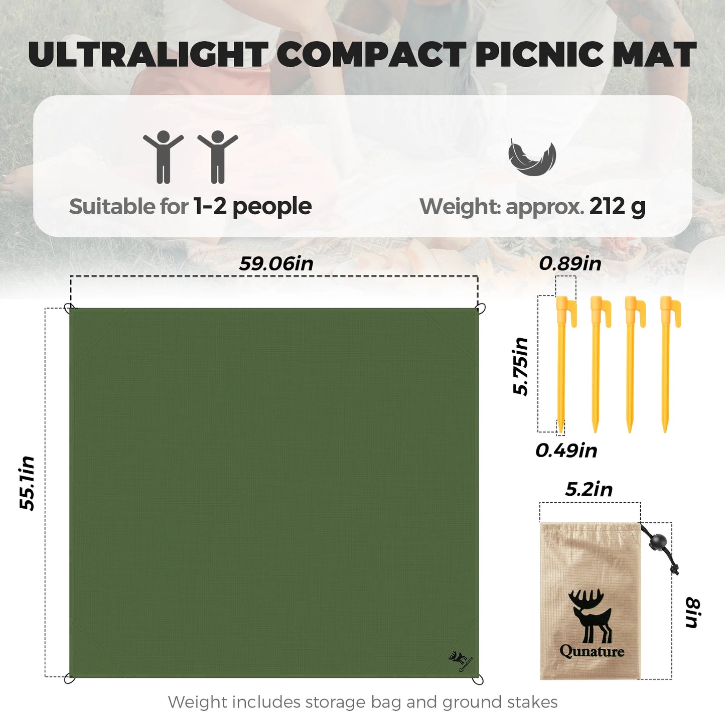 Ultralight compact picnic mat with dimensions, weight, and storage bag on a white background