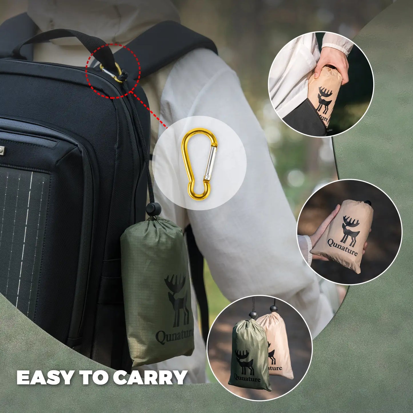 Backpack with a carabiner and small bags, featuring the Qumara brand.