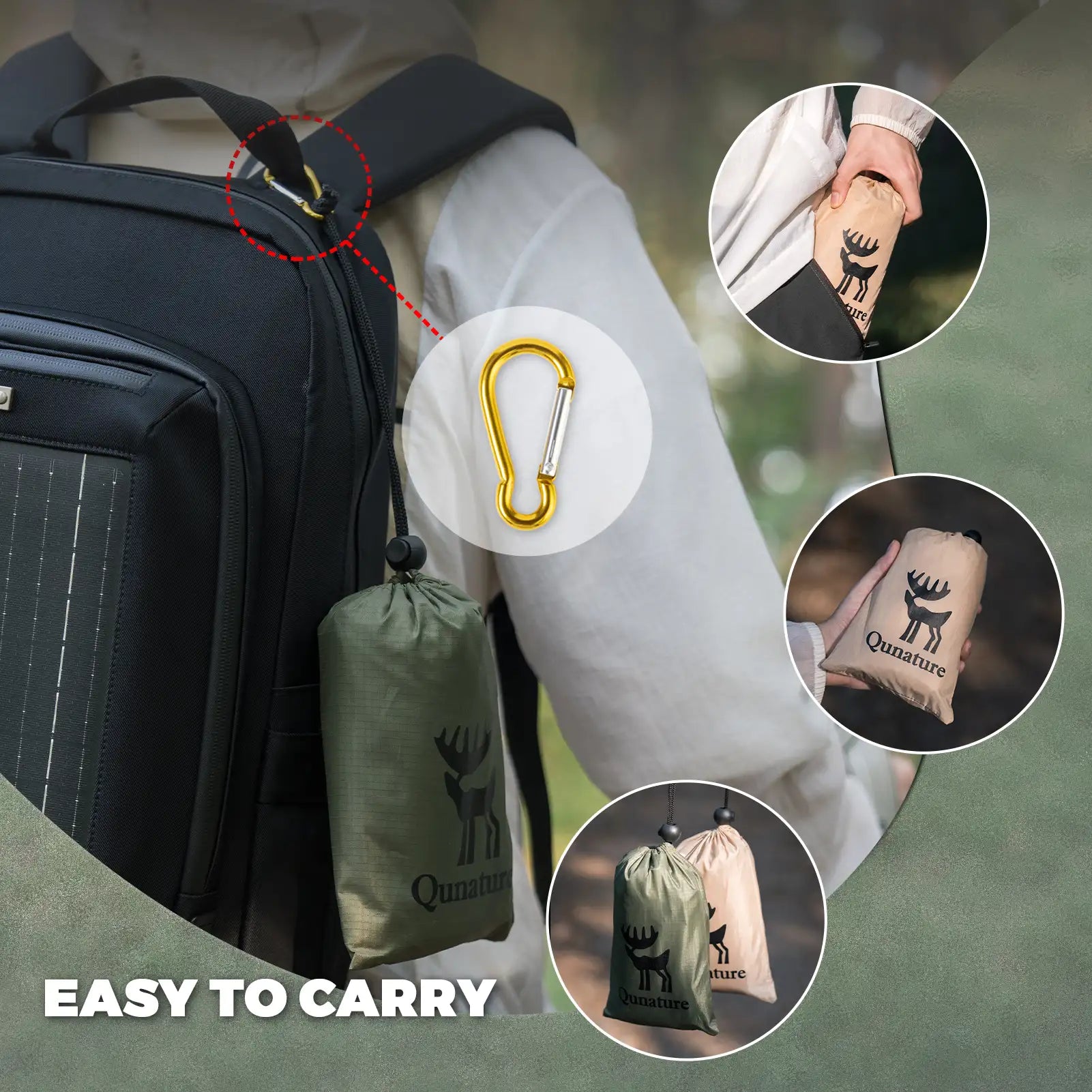 Backpack with a carabiner and small bags, featuring the Qumara brand.