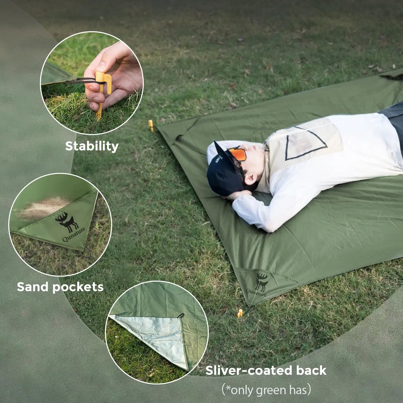 Person lying on a green camping mat with close-ups of features like stability, sand pockets, and silver-coated back.