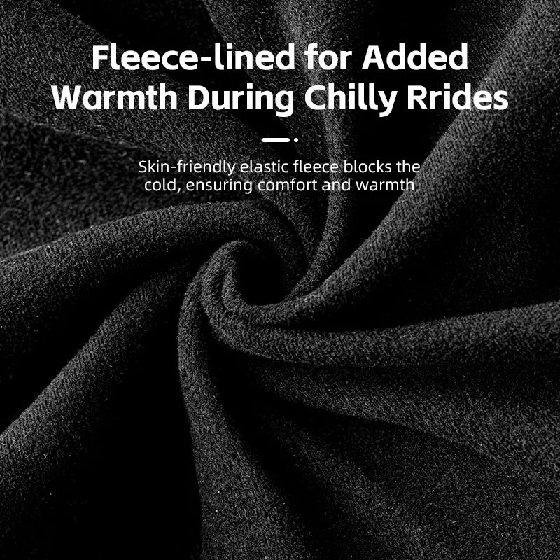 Close-up of fleece-lined fabric with text about added warmth during chilly rides.
