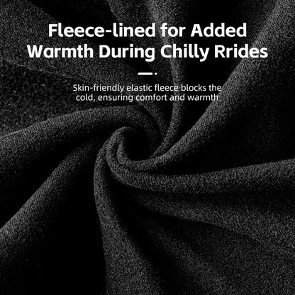 Close-up of fleece-lined fabric with text about added warmth during chilly rides.