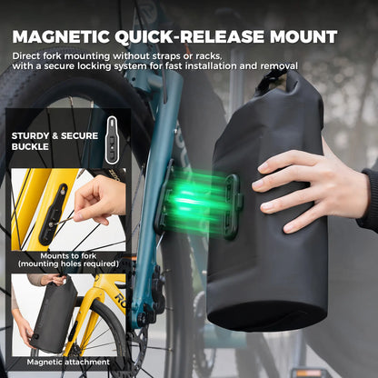 Magnetic quick-release mount for bike with close-up of attachment process and product features.