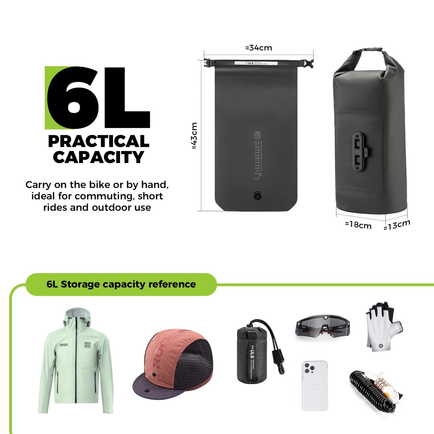 Black dry bag with dimensions and capacity details, shown with various items it can hold.
