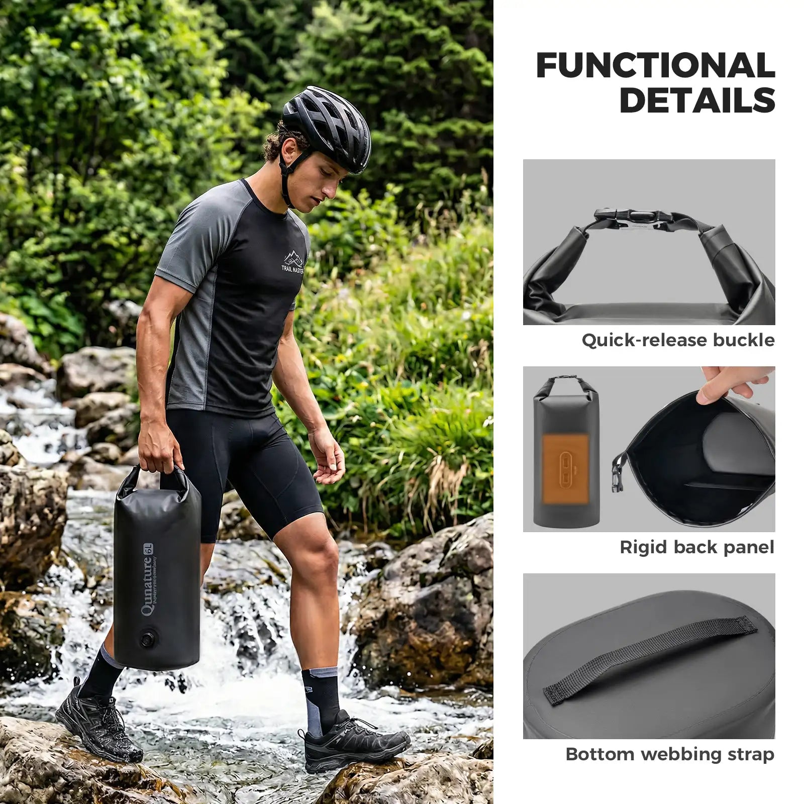 Man wearing a helmet and carrying a black water filter while hiking through a stream, with product features displayed on the right.