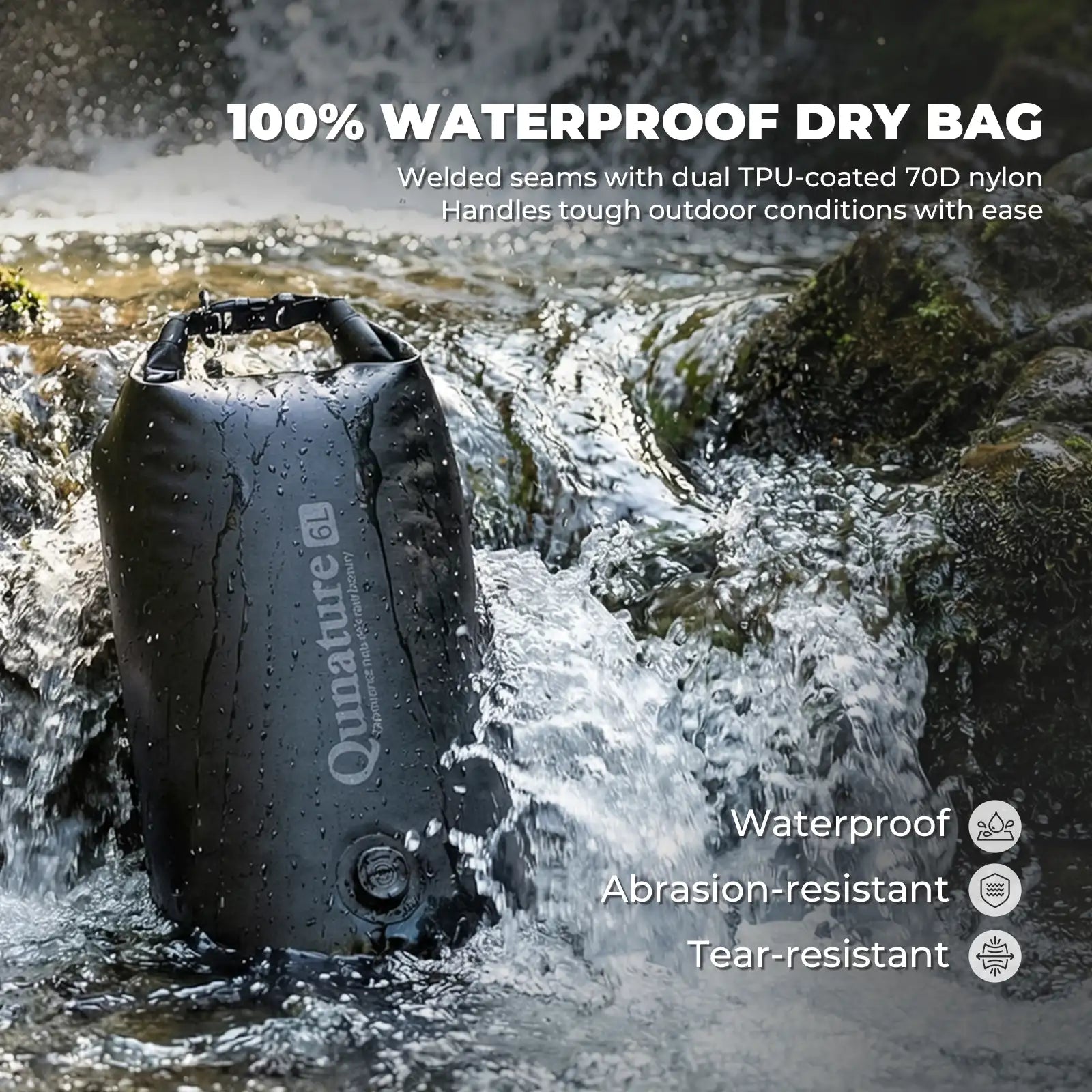 Waterproof dry bag being tested in water with product branding visible