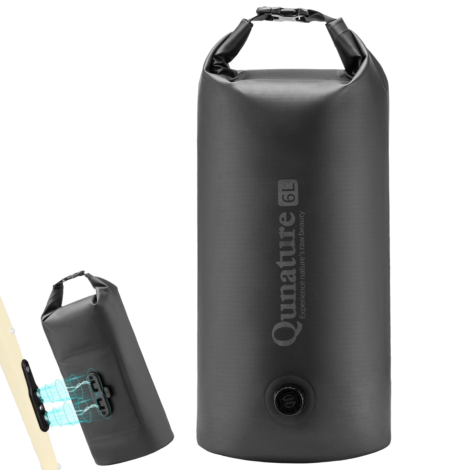 Black dry bag with 'Qunature' branding on a white background
