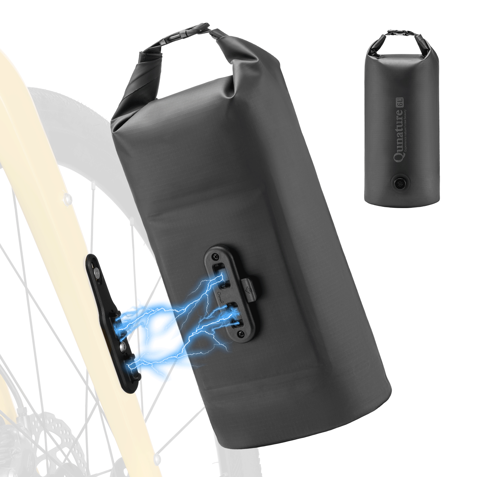 Black dry bag with a lightning bolt graphic and a small black device on a white background