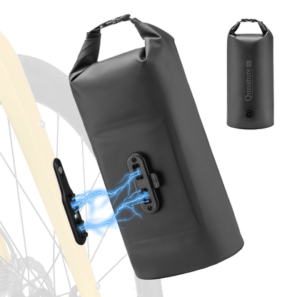 Black dry bag with a lightning bolt graphic and a small black device on a white background