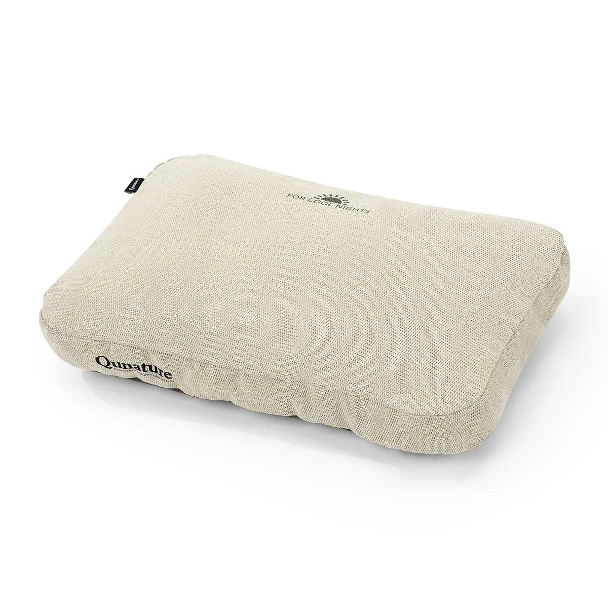 A Qunature travel neck pillow in a light beige textured fabric, shown at an angle on a clean white background.
