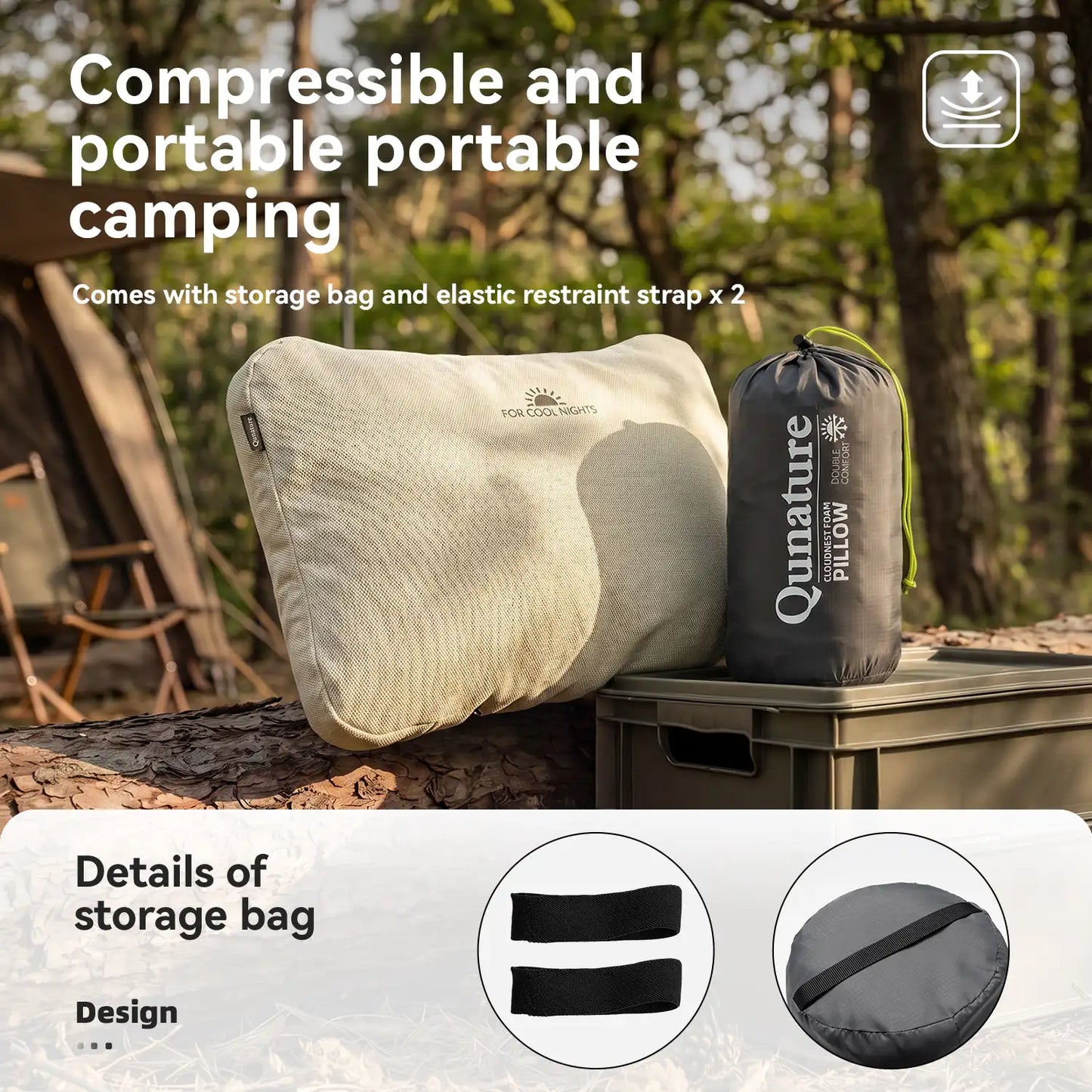 A camping pillow in a light beige corduroy fabric sits beside its dark gray compression storage bag on an outdoor table, with trees in the background. Text highlights the product's portability and includes inset details of the storage strap and bag closure.