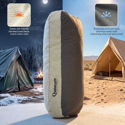 A cylindrical camping pillow by Qunature stands upright in a split outdoor scene: snowy campsite at night on the left and desert campsite at day on the right. Two inset callout panels explain material features.