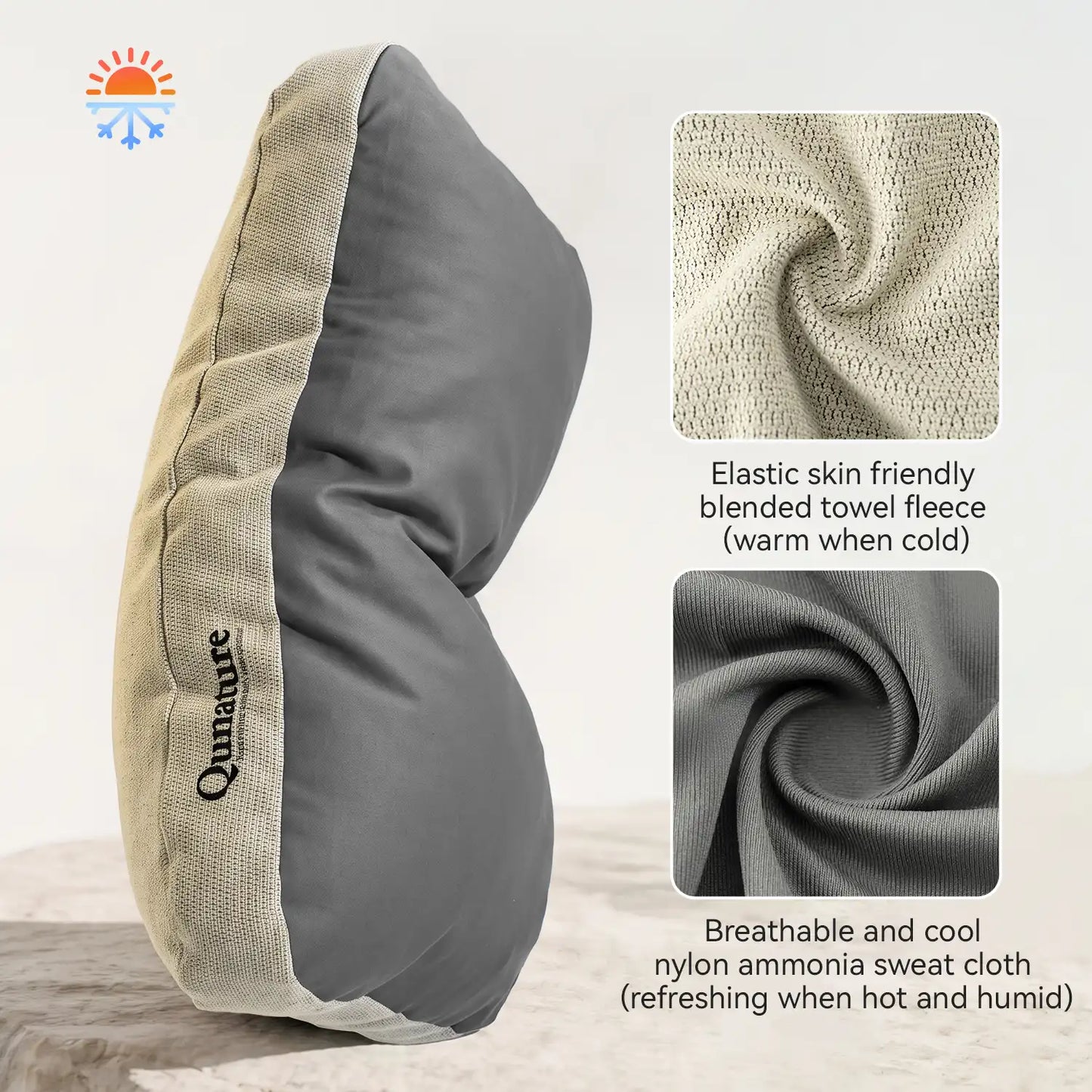 A U-shaped neck pillow by Qunature shown in side profile on a light neutral background, with two inset fabric detail photos and text describing the warm fleece and cool sweat cloth materials.