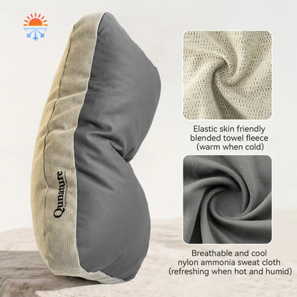 A U-shaped neck pillow by Qunature shown in side profile on a light neutral background, with two inset fabric detail photos and text describing the warm fleece and cool sweat cloth materials.