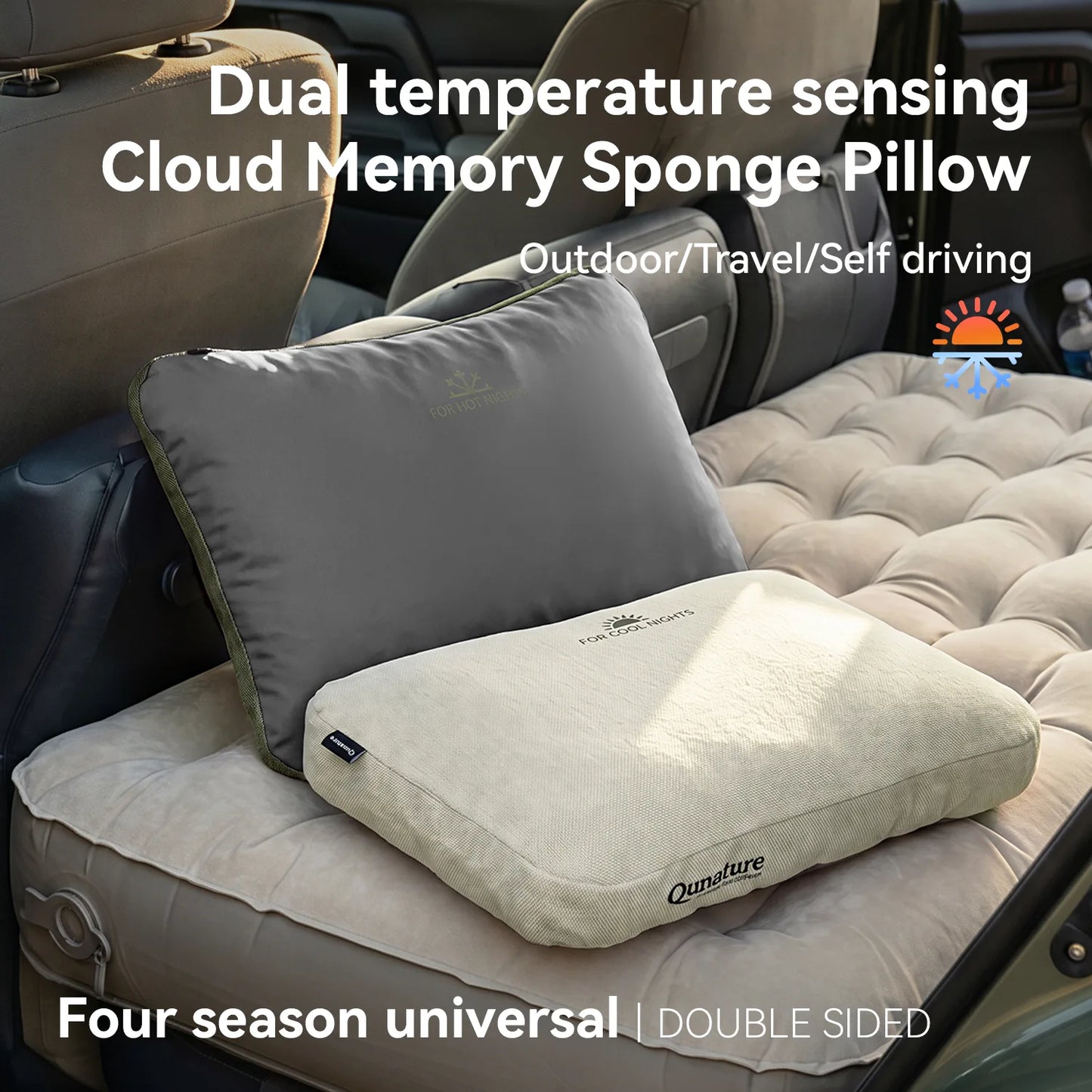 Two cloud memory memory foam pillows in gray and beige, shown resting on an inflatable car bed inside a vehicle. Text overlays describe the dual temperature sensing feature and outdoor/travel use.