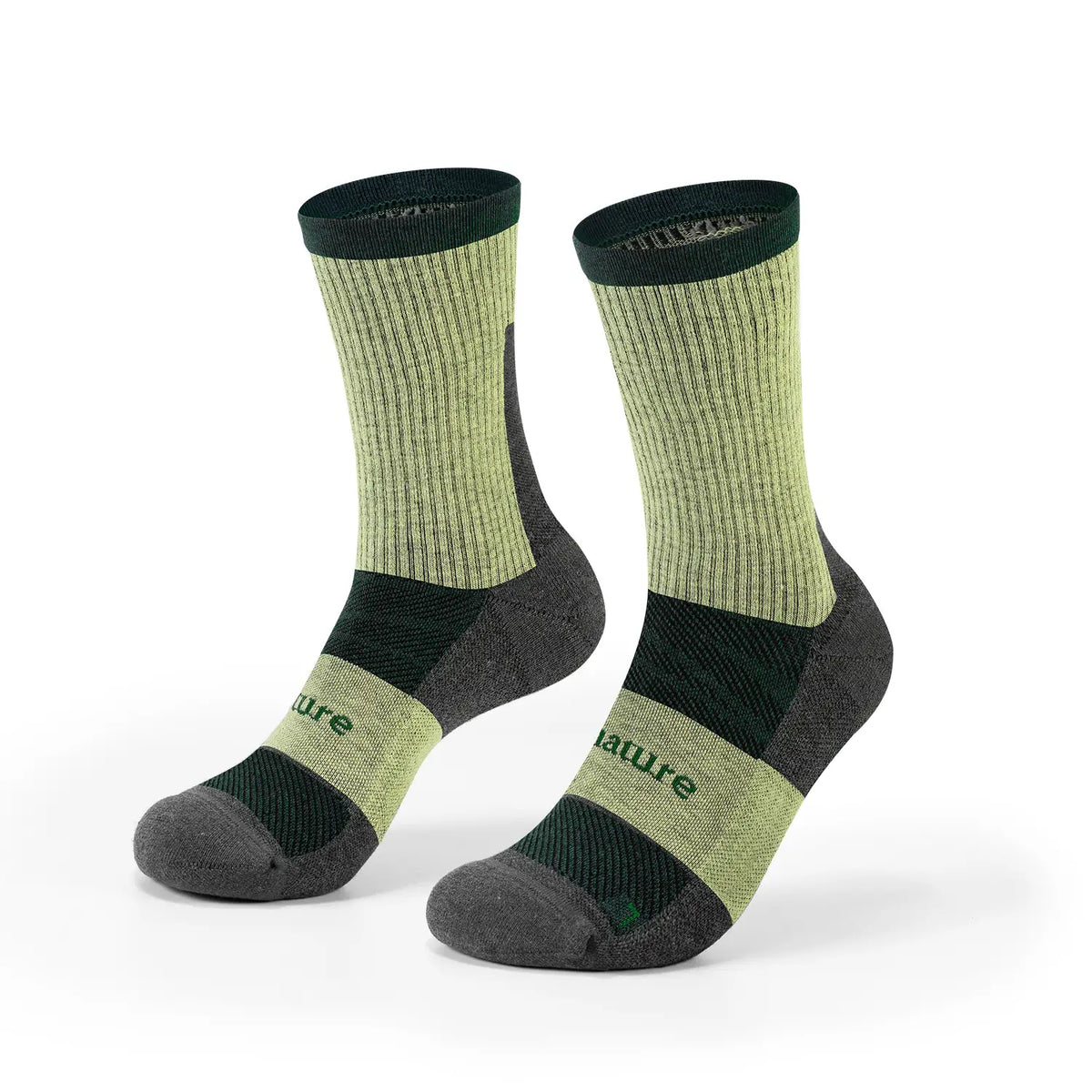 A pair of crew-length athletic socks in olive green and dark gray, featuring a ribbed knit upper, dark green cuffs, and the brand name 'nature' printed on the side.
