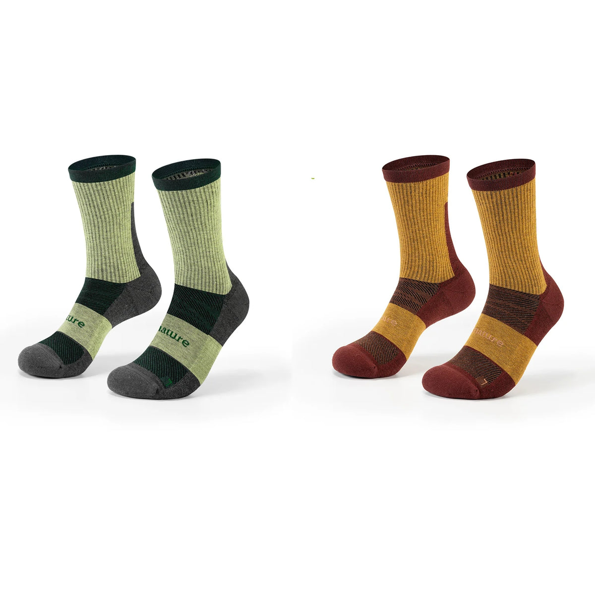 Two pairs of crew socks on a white background. The left pair is light olive green with dark green and gray accents.