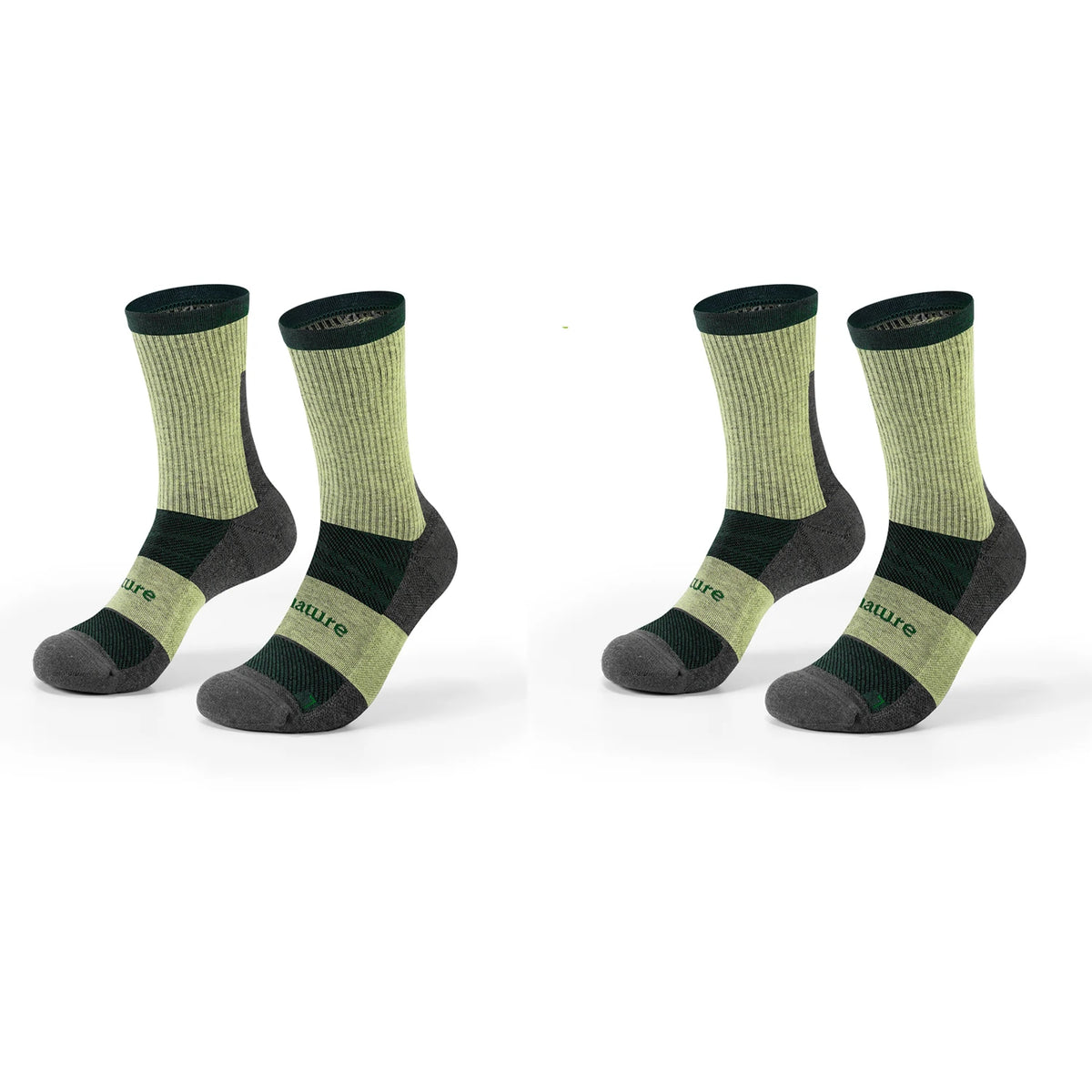 Two pairs of crew socks shown on invisible forms against a white background. The socks are light olive green with dark green and dark gray accents, featuring the brand name 'Qunature' printed on the side.