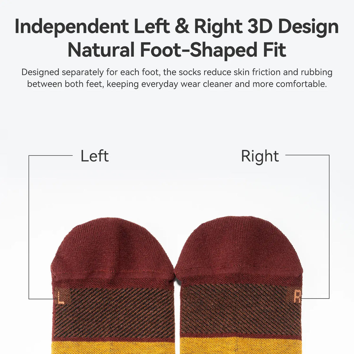 A pair of knit socks shown from the top on a light gray background with marketing text above. The socks are natural foot-shaped and feature a burgundy upper section, a dark brown and black textured middle band, and a mustard yellow band at the bottom.