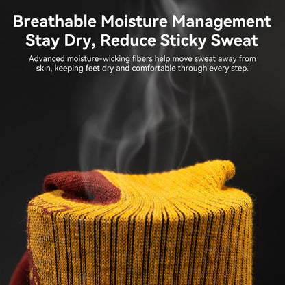 A close-up of a yellow knit sock with black vertical stripes and a burgundy cuff, shown with steam rising from it on a dark background. White marketing text at the top reads, 'Breathable Moisture Management Stay Dry, Reduce Sticky Sweat' and describes moisture-wicking fibers.