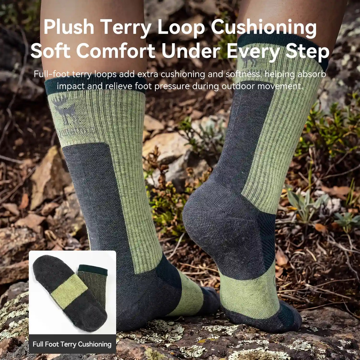 A pair of knee-high hiking socks worn on feet outdoors on rocky ground, with marketing text at the top about plush terry loop cushioning and a small inset showing the sock cross-section labeled full foot terry cushioning.