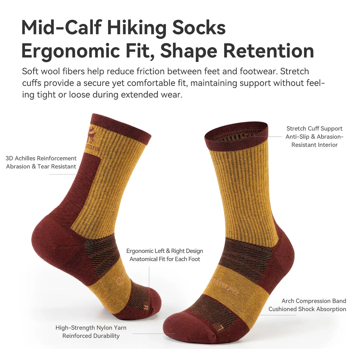A pair of mid-calf hiking socks shown on a white background with descriptive text callouts about ergonomic fit, stretch cuff support, arch compression, and durability. The socks are primarily mustard yellow and dark burgundy.