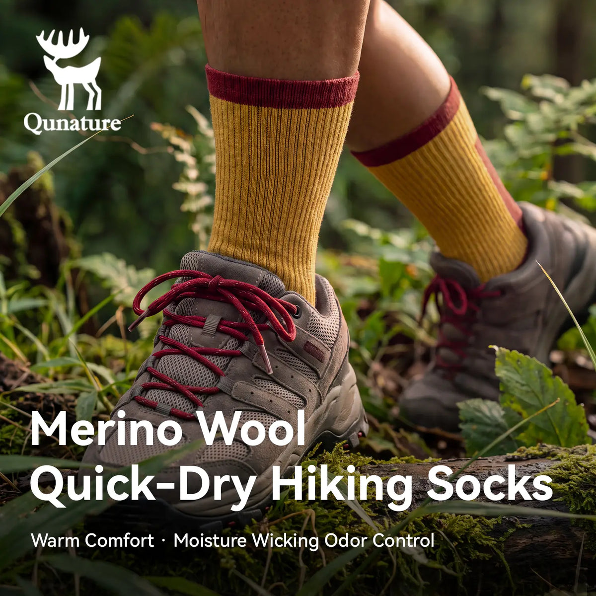 A person hiking outdoors wearing yellow Merino wool quick-dry hiking socks with dark red cuffs and gray hiking shoes, with product text and the Qunature logo overlaid on the image.