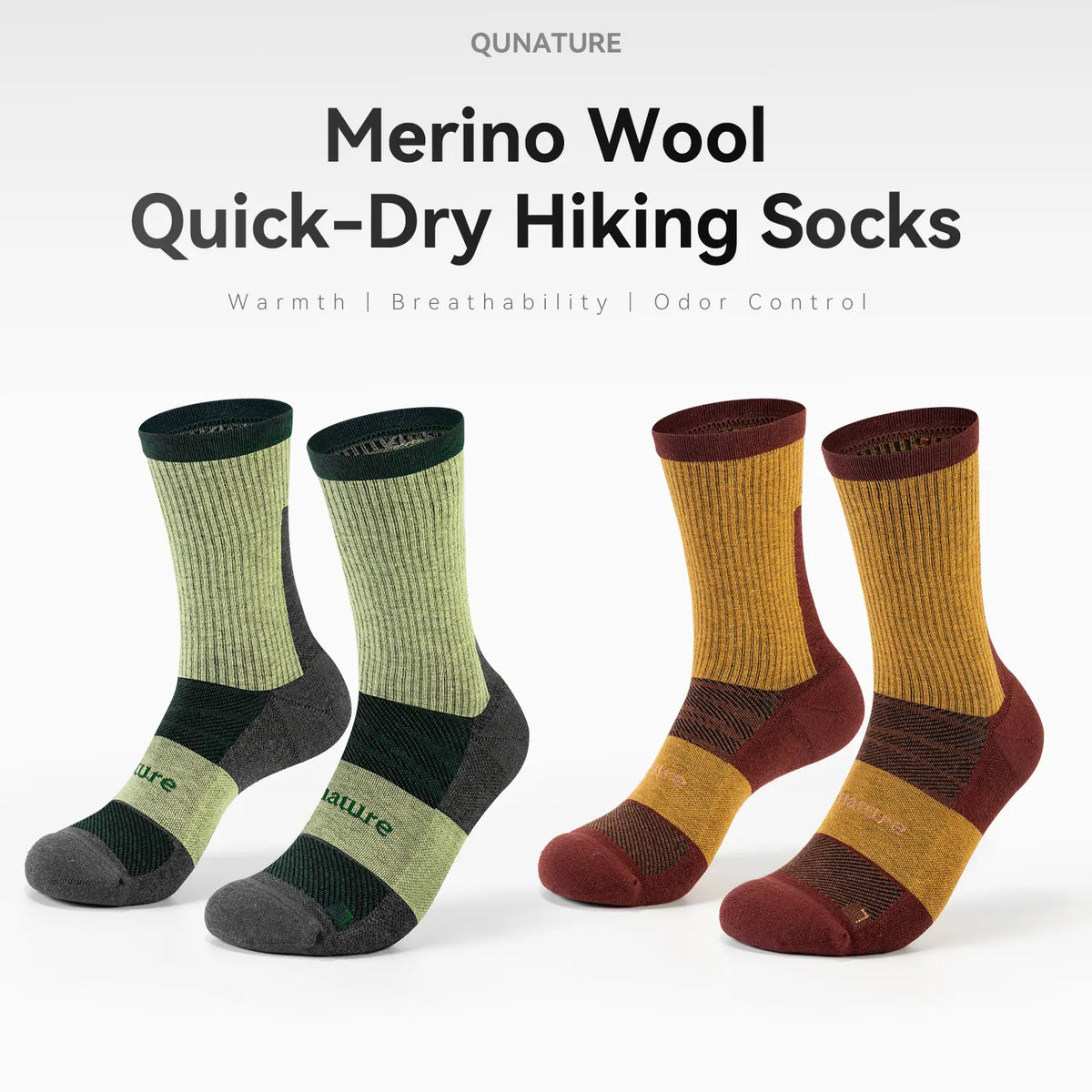 Four pairs of Qunature Merino Wool Quick-Dry Hiking Socks displayed on invisible forms against a light gray background, featuring colorways of sage green and dark gray, and mustard yellow and rust brown.