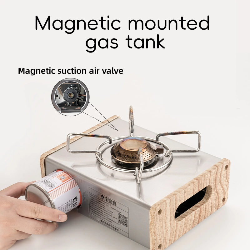 Portable gas stove with magnetic mounted gas tank and air valve on a white background