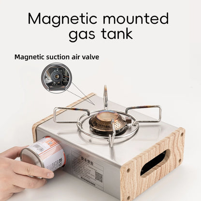 Portable gas stove with magnetic mounted gas tank and air valve on a white background