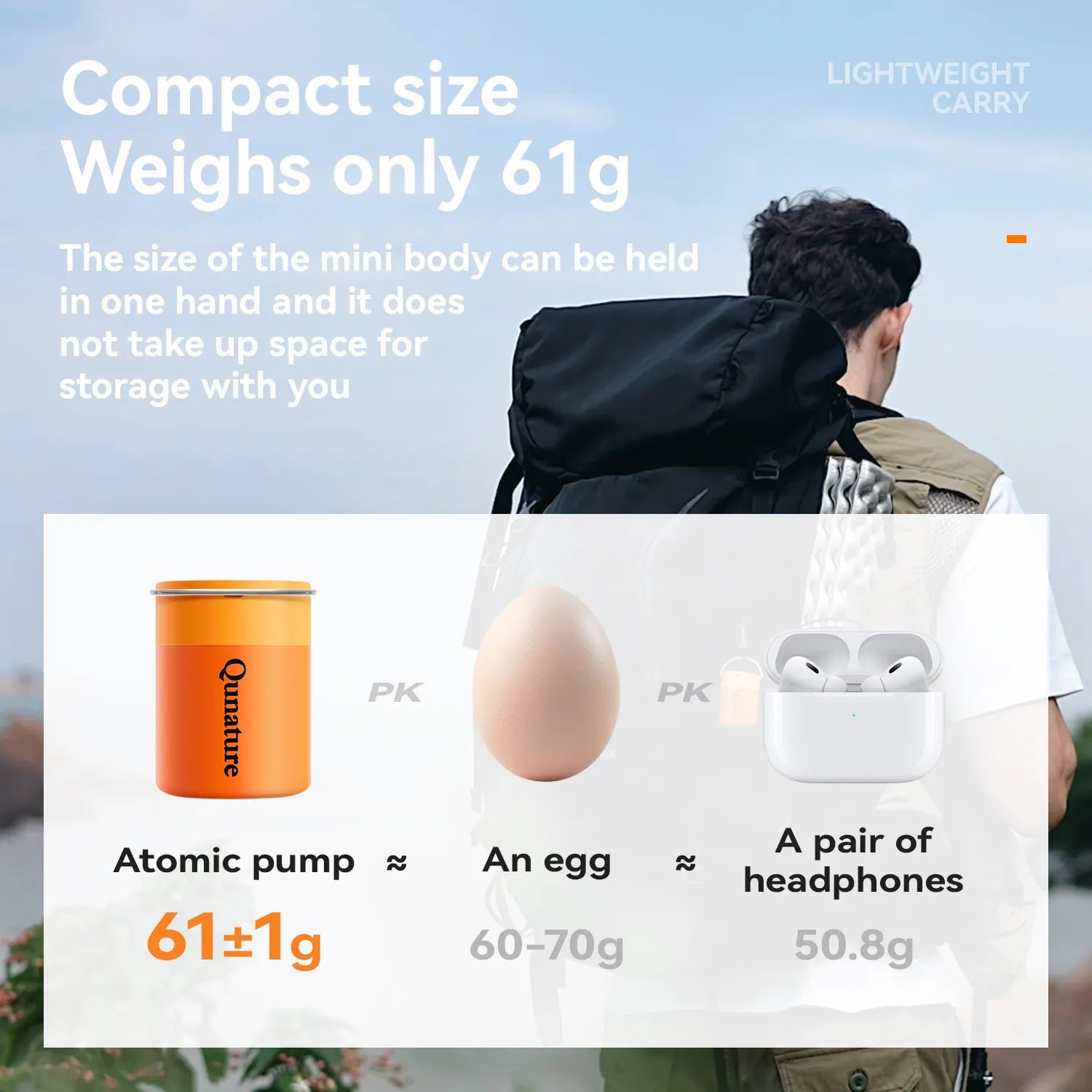 A boy hangs a mini electric air pump weighing only an egg on his backpack outdoors