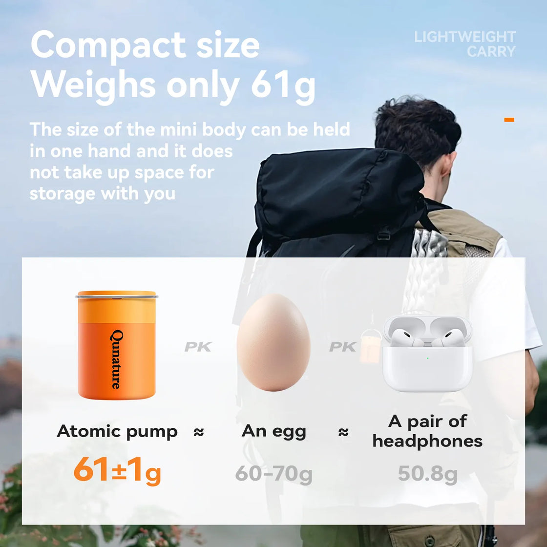 A boy hangs a mini electric air pump weighing only an egg on his backpack outdoors