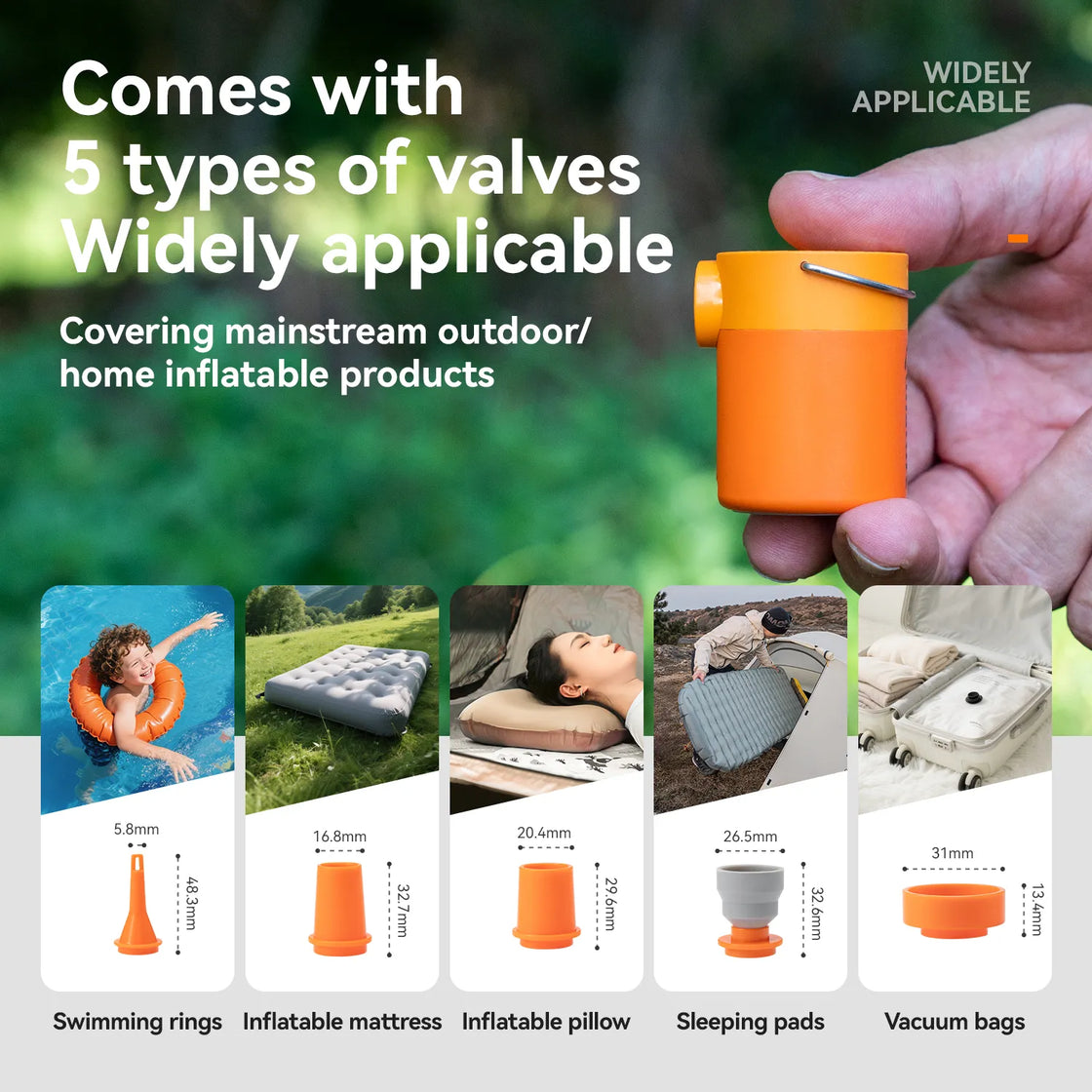 This mini electric air pump comes with five air nozzles, which can be used in a variety of inflatable products