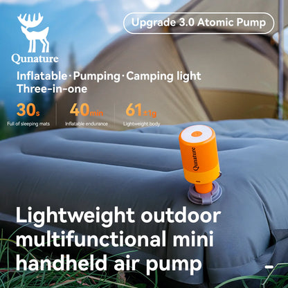 A multifunctional mini electric air pump is inflating a sleeping pad