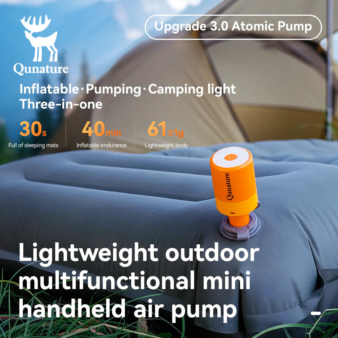 A multifunctional mini electric air pump is inflating a sleeping pad
