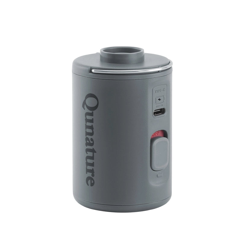 Gray cylindrical device with 'Qunature' branding on a white background