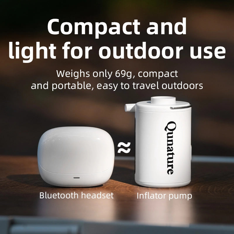 Two white devices, a Bluetooth headset and an inflator pump, on a wooden surface with text highlighting their compactness and portability.