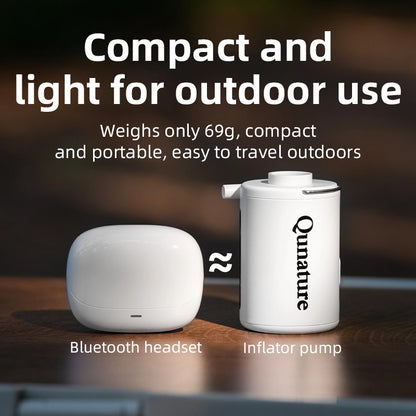 Two white devices, a Bluetooth headset and an inflator pump, on a wooden surface with text highlighting their compactness and portability.