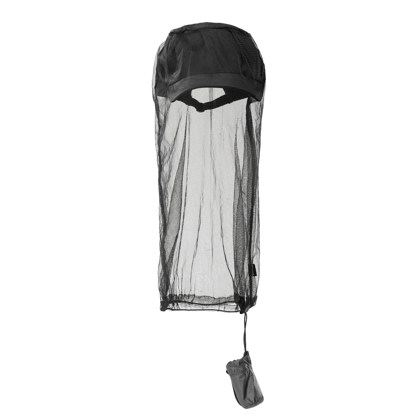 Black insect repellent hood with mesh design on a white background