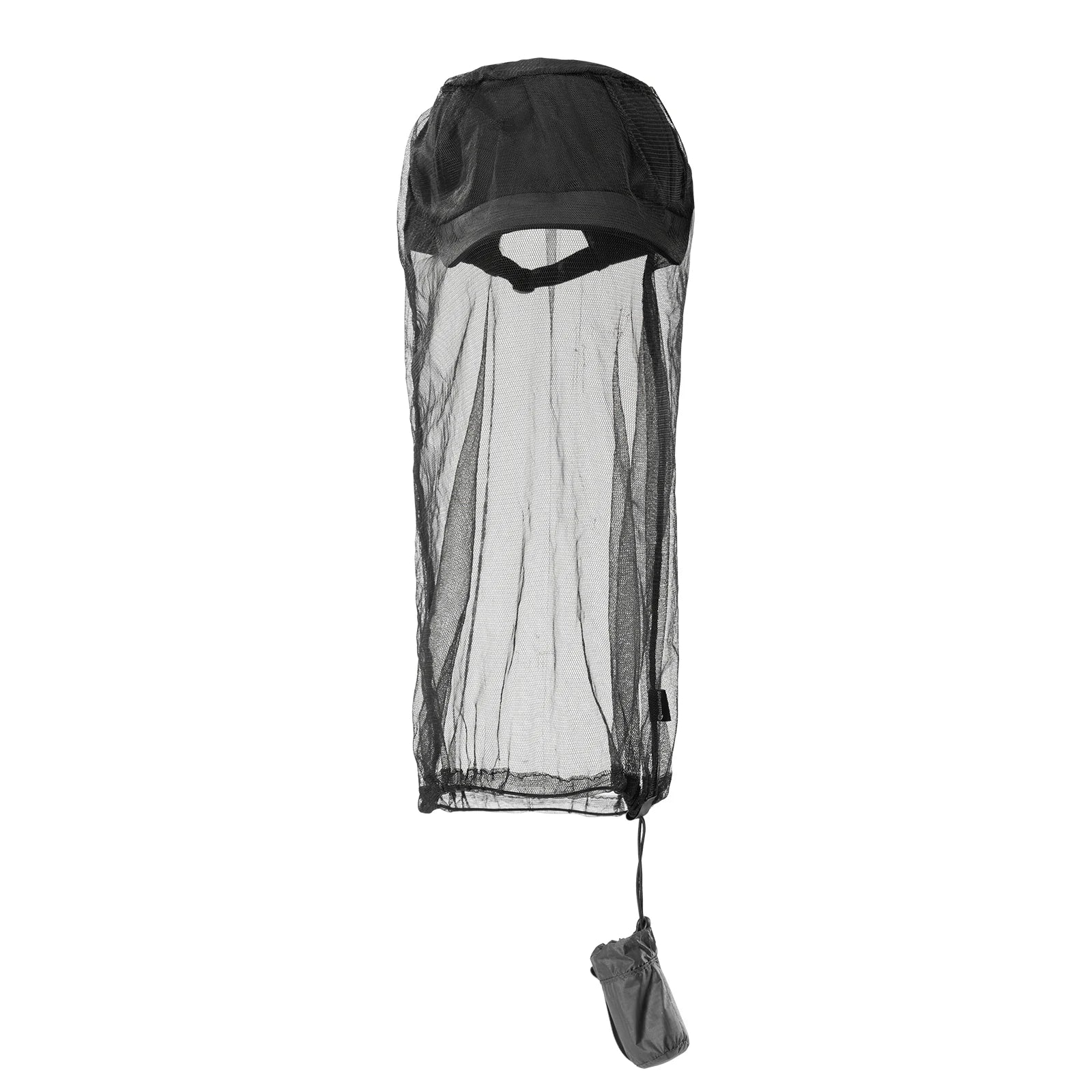 Black insect repellent hood with mesh design on a white background
