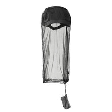 Black insect repellent hood with mesh design on a white background