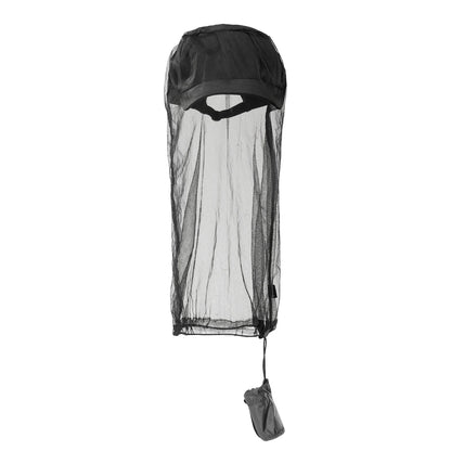 Black insect repellent hood with mesh design on a white background
