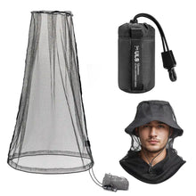 Mosquito head net with carrying case and man wearing it on a white background